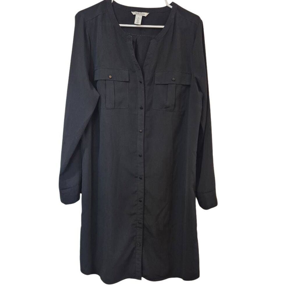 White House Black Market Women's Black Polyester Shirt Dress w Roll Tab Sleeves